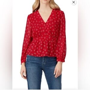 Madewell Georgette Retro Fem Red Floral Blouse Button Accent Ruffle Size XS